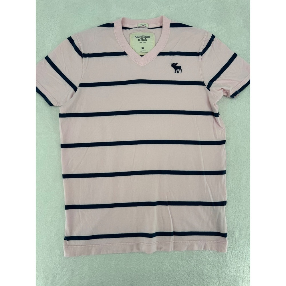 Abercrombie & Fitch Mens XL Muscle Fit V-Neck Striped T-Shirt Pink Navy Blue
